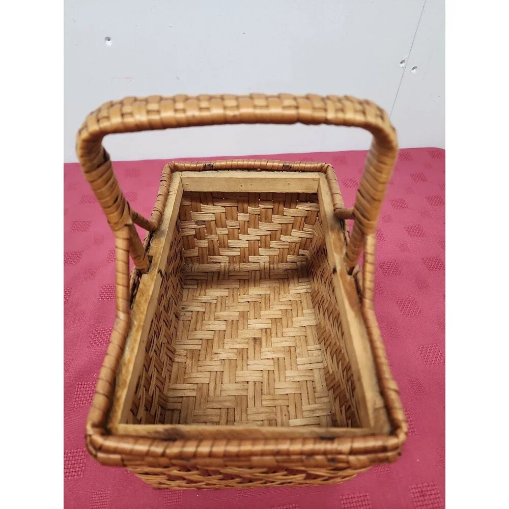 MCM Yugoslavian Herringbone Rattan Woven Basket W Handle Geometric 9